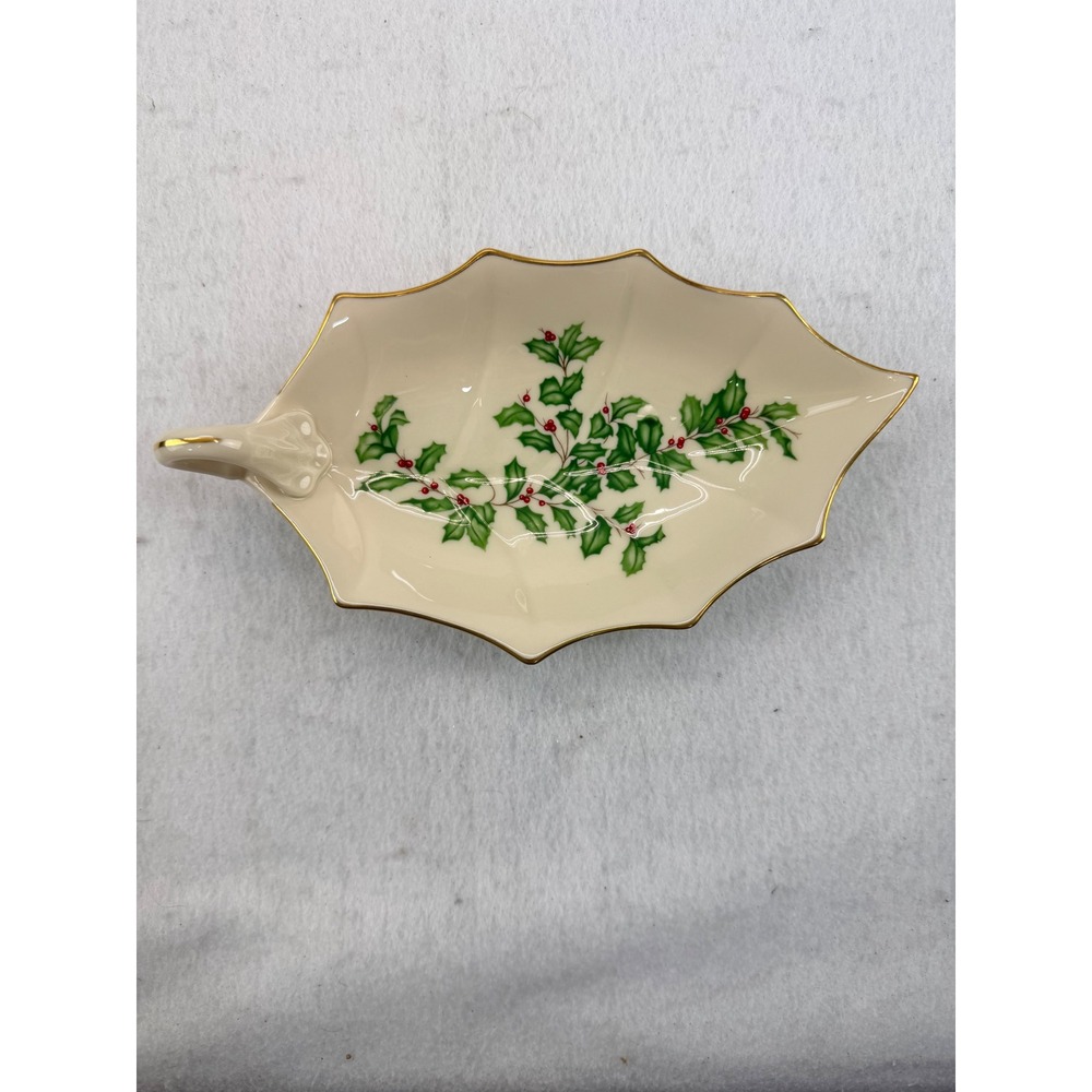 Lenox Holly Berry Leaf Shaped Candy Dish Gold Trimmed Porcelain Made in USA 9in